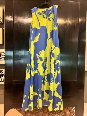 Beulah Blue and Lime Green Floral Maxi Dress with Pockets